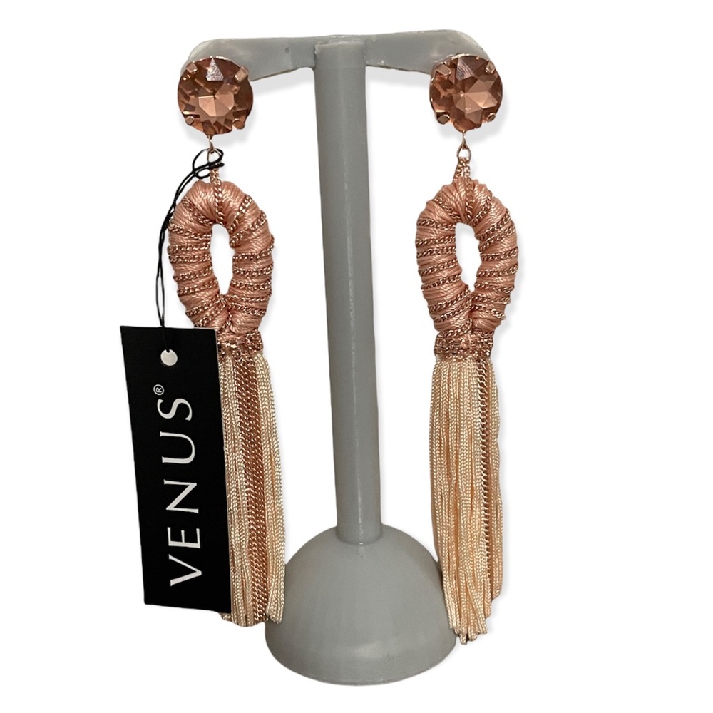 NWT VENUS Rose Gold Pink Tassel Long Dangle Earrings Sparkle Shiny Iridescent